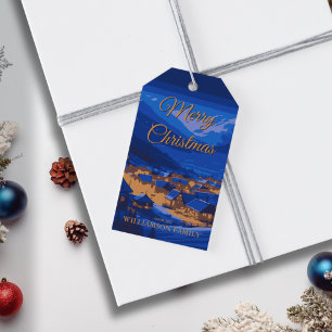 Blue Gold Custom Winter Village Christmas Gift Tags