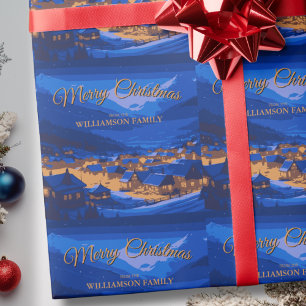 Blue Gold Custom Winter Village Christmas  Wrapping Paper
