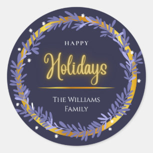 Blue Gold Cute Happy Holidays Merry Christmas Classic Round Sticker