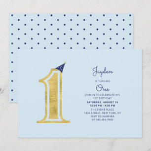 Blue & Gold    Cute Modern Boy 1st Birthday Party Invitation