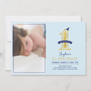 Blue & Gold    Cute Modern Boy 1st Birthday Party Invitation