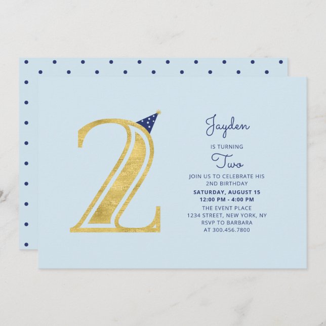 Blue & Gold |  Cute Modern Boy 2nd Birthday Party Invitation (Front/Back)