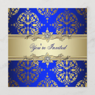 Blue Gold Damask Party Invitation
