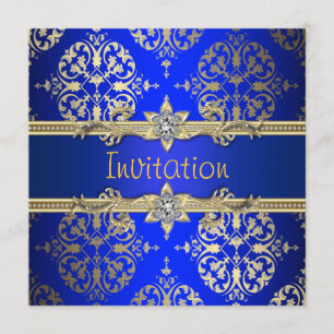 Blue Gold Damask Royal Blue Party Invitation