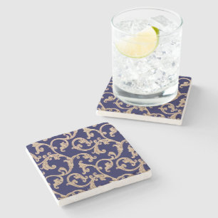 Blue Gold Damask Stone Coaster