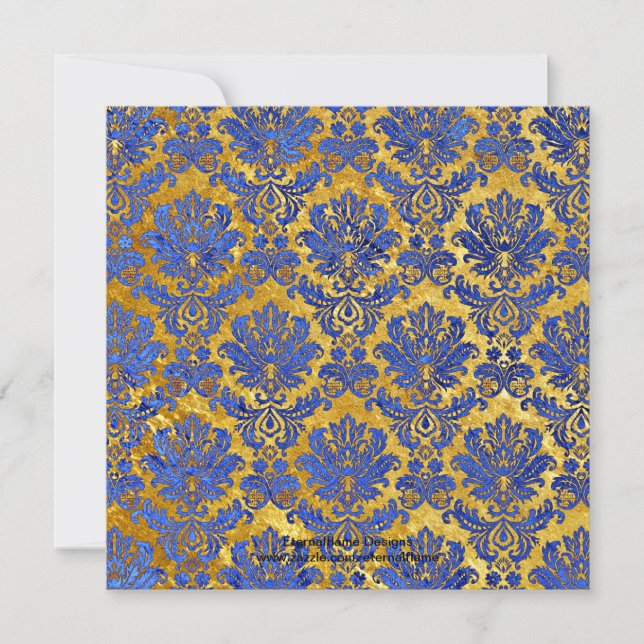 Blue Gold Damask Wedding Monogram Invitation (Front)