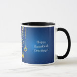 Blue/Gold Dangling Star of David Hanukkah Mug<br><div class="desc">Elegant gold ribbons with dangling Star of David ornaments add an elegant and classy touch for celebrating Hanukkah and the festival of lights.  Blue diagonal stripe background.</div>