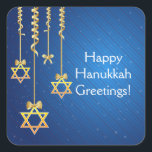 Blue/Gold Dangling Star of David Hanukkah Square Sticker<br><div class="desc">Elegant gold ribbons with dangling Star of David ornaments add an elegant and classy touch for celebrating Hanukkah and the festival of lights.  Blue diagonal stripe background.</div>