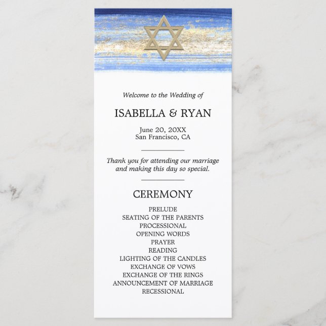 Blue Gold David Star Bar Mitzvah Ceremony Program (Front)