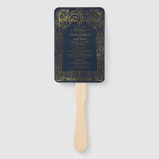 Blue  Gold Deco Chic Glam Wedding Program Hand Fan (Front)
