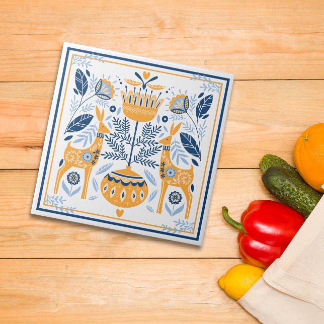 Blue Gold Deer Hygge Pattern Ceramic Tile (Creator Uploaded)