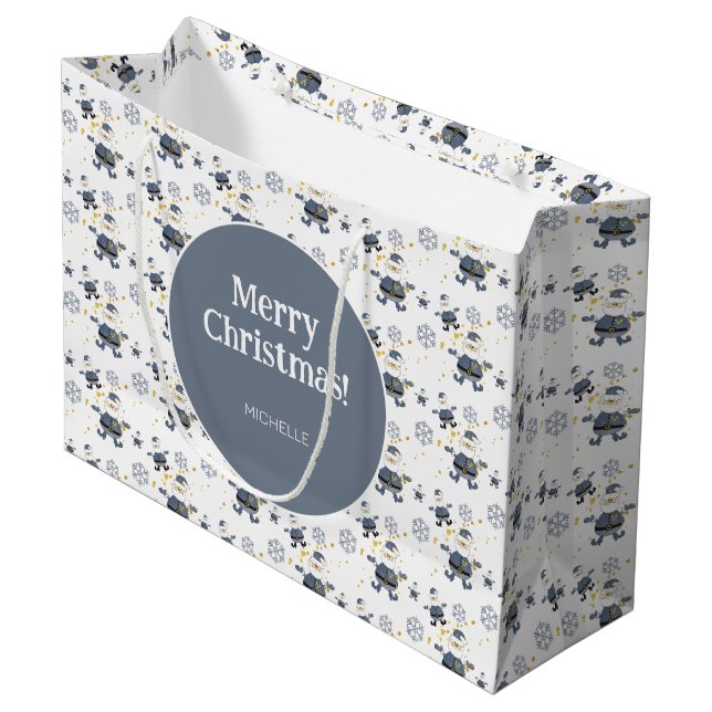 Blue Gold Denim Christmas Santa Personalised Large Gift Bag (Front Angled)