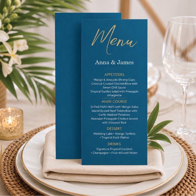Blue & Gold Destination Wedding Reception Menu (Creator Uploaded)