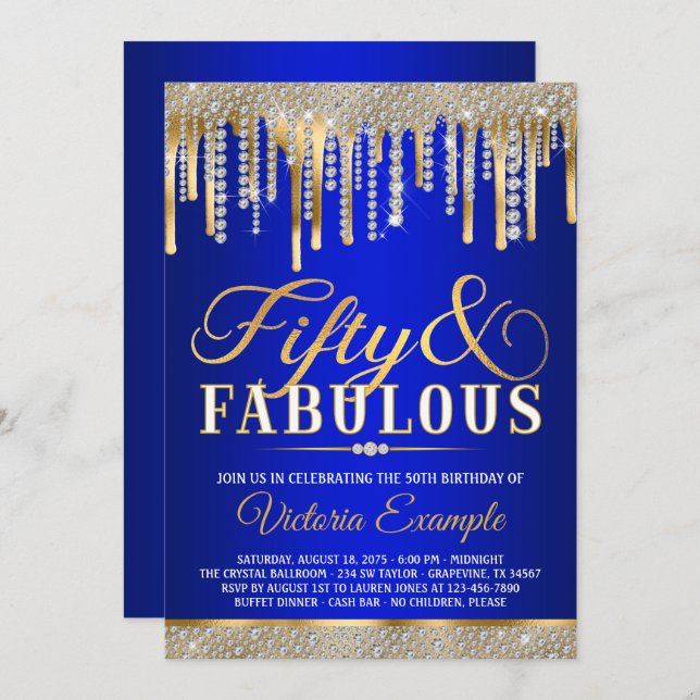 Blue Gold Diamond Drip Fabulous 50 Birthday Party Invitation (Front/Back)