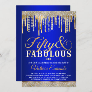 Blue Gold Diamond Drip Fabulous 50 Birthday Party Invitation