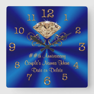 Blue Gold Diamond Personalised Anniversary Gifts Square Wall Clock