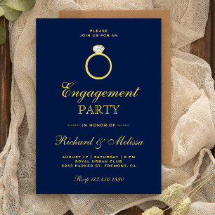 Blue Gold Diamond Ring Engagement Party Invite