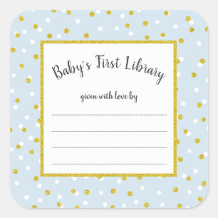 Blue gold dot baby shower bookplate for boy square sticker
