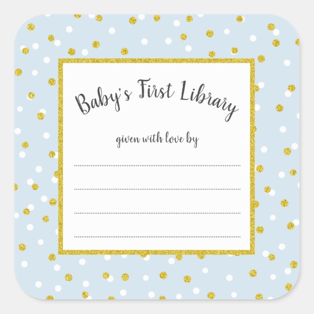 Blue gold dot baby shower bookplate for boy square sticker (Front)