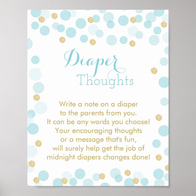 Blue Gold Dots Baby Shower Diaper Thoughts Sign (Front)
