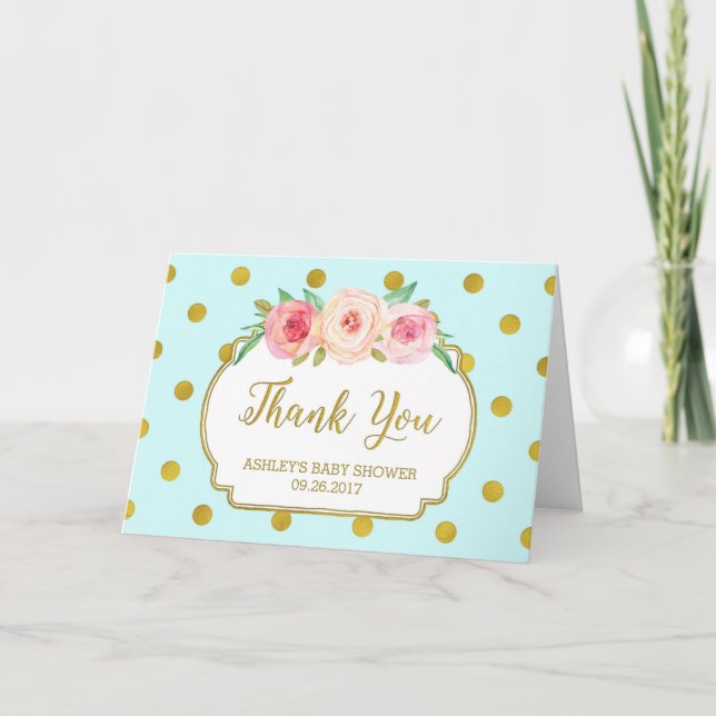 Blue Gold Dots Floral Baby Shower Thank You (Front)
