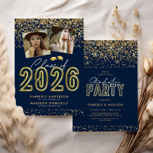 Blue Gold Double Graduation Party Invitation