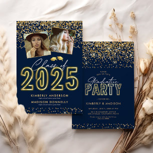 Blue Gold Double Graduation Party Invitation