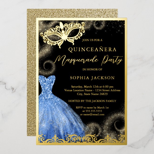 Blue Gold Dress Masquerade Party Quinceanera (Front/Back)
