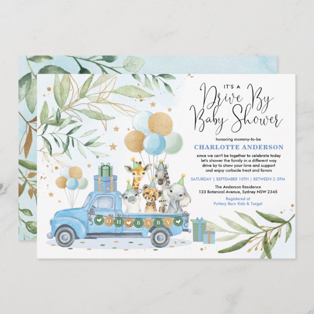 Blue Gold Drive By Safari Animals Boy Baby Shower Invitation (Front/Back)