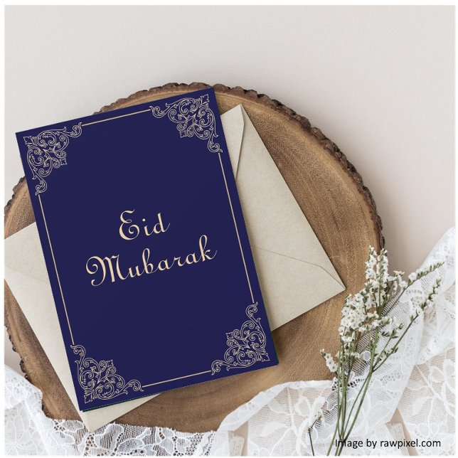 Blue Gold Eid Mubarak Flat Holiday Card (Creator Uploaded)