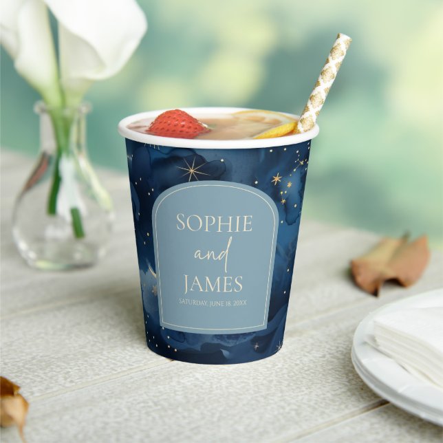 Blue Gold Elegant Celestial Starry Sky Wedding Paper Cups (Insitu)
