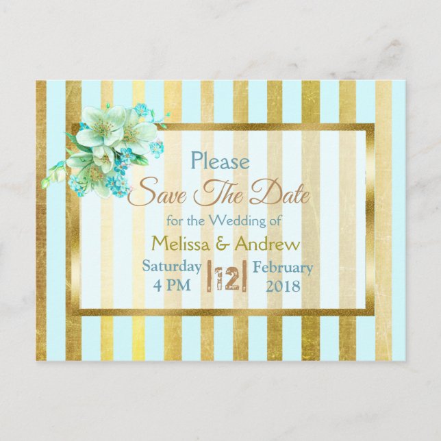 Blue & Gold Elegant Floral Save the Date Postcards (Front)