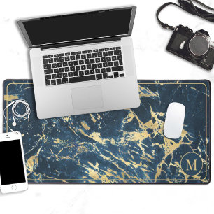 Blue & gold elegant marble monogram desk mat