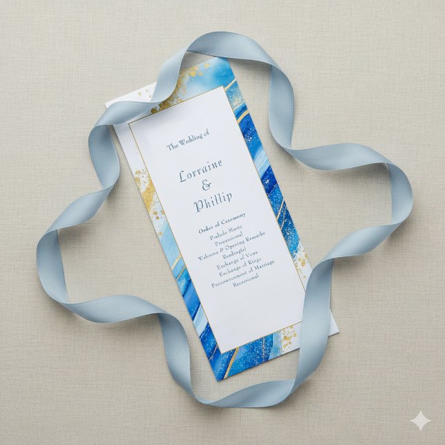 Blue Gold Elegant modern order of ceremony wedding Program (Blue and gold wedding program)