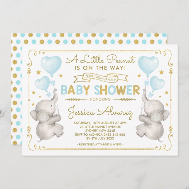 Blue Gold Elephant Baby Shower Boy Jungle Invite (Front/Back)