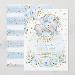 Blue Gold Elephant Floral Moon Stars Baby Shower Invitation
