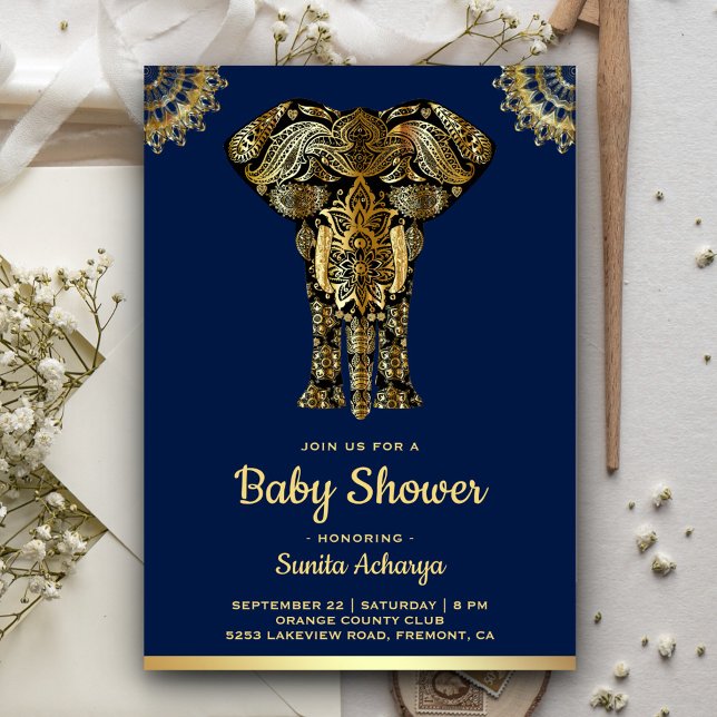 Blue Gold Elephant Indian Baby Shower Invitation (Creator Uploaded)