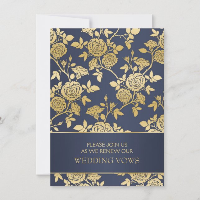 Blue & gold English roses Wedding Vow Renewal Invitation (Front)