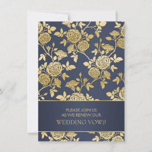 Blue & gold English roses Wedding Vow Renewal Invitation