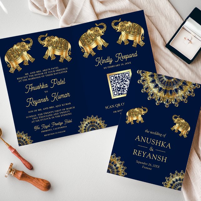Blue Gold Ethnic Elephants Indian QR Code Wedding Invitation (Creator Uploaded)