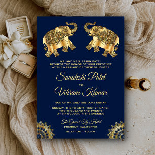 Blue Gold Ethnic Elephants Indian Wedding Invitation