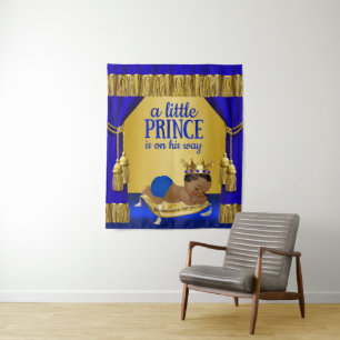 Blue Gold Ethnic Prince Baby Shower Backdrop Tapestry