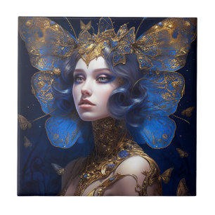 Blue Gold Fairy Fantasy Art Ceramic Tile