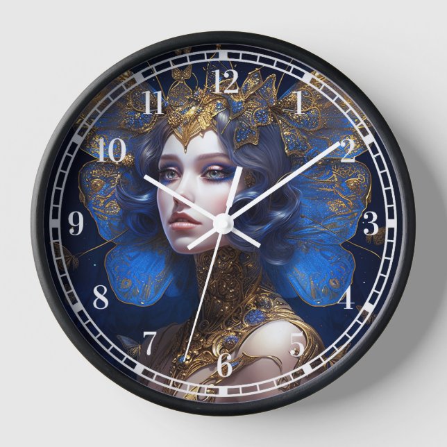 Blue Gold Fairy Fantasy Art Clock (Front)