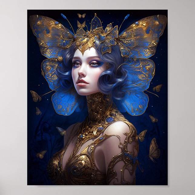 Blue Gold Fairy Fantasy Art Poster (Front)