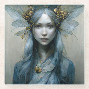 Blue Gold Fairy Fantasy Glass Coaster
