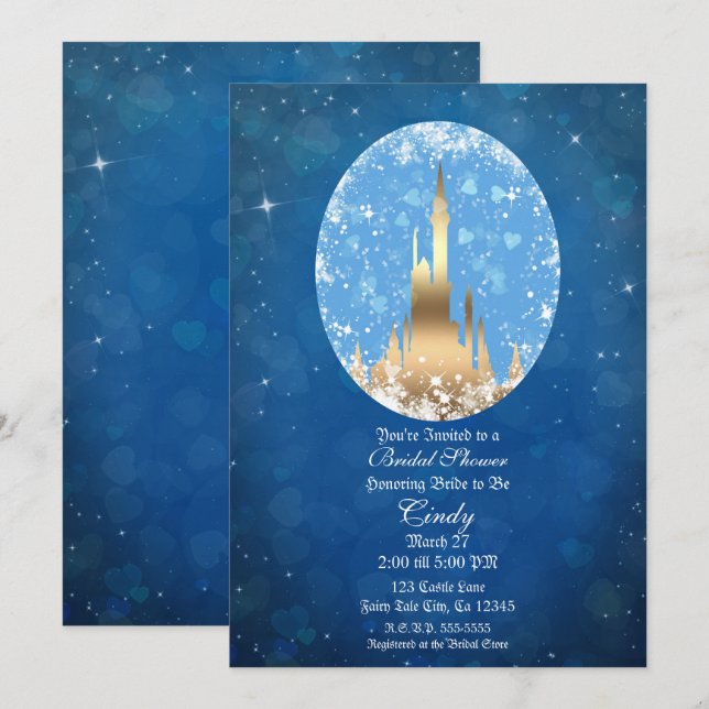 Blue Gold Fairy Tale Castle Sparkle Bridal Shower Invitation (Front/Back)