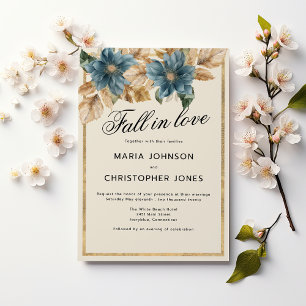 Blue gold fall spring floral Fall in Love Wedding  Invitation