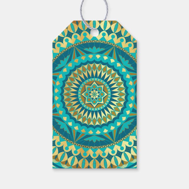 Blue Gold Fantasy Mandala Gift Tags (Front)
