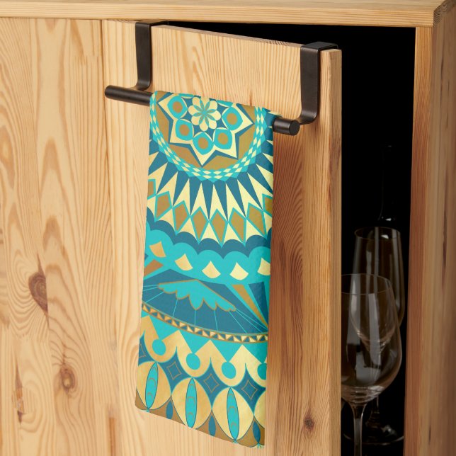 Blue Gold Fantasy Mandala Tea Towel (Thirds Fold)